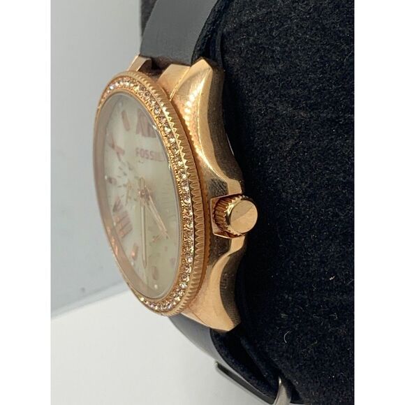 Fossil AM4616 Women's Black Leather Analog Beige Dial Genuine Wrist Watch RU239 - Picture 3 of 11